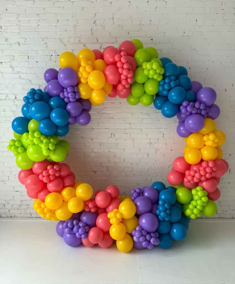 Colorful balloon celebration ring by Lady With The Balloons in Leawood, Kansas — ideal for birthdays, baby showers, and corporate celebrations.